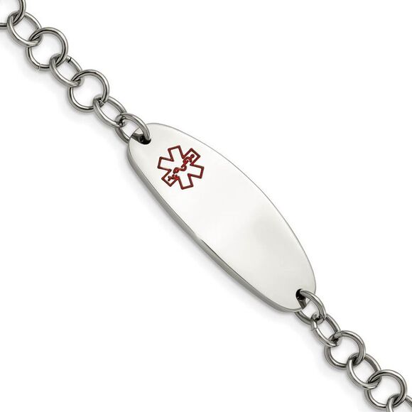 Stainless Steel Red Enamel Medical I.D. Bracelet 7.25 Inch